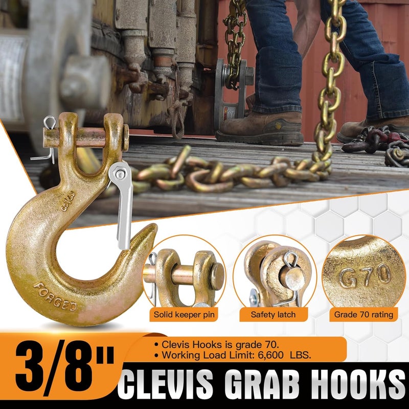 Digank 3/8" Clevis Slip Hook, G70 Tow & Winch Hooks with Safety Latch, Heavy Duty Forged Hook for Trailer, Transport, Lift & Pull, 18,000 lbs Capacity (2 Pack) - Image 2